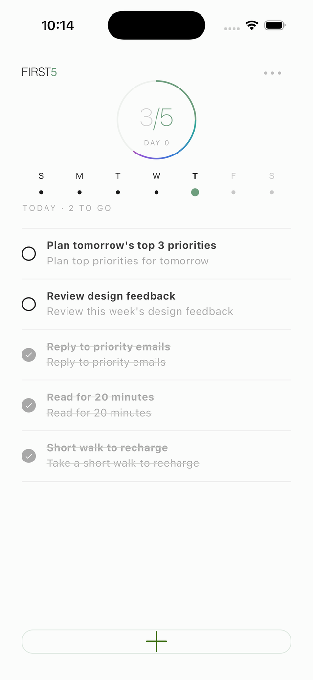 The FIRST5 app showing today's five priorities and daily progress